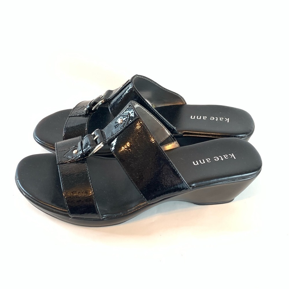 Kate Ann Black Patent Wedge Slide Sandals Silver Accent Size 6.5M - Picture 8 of 11
